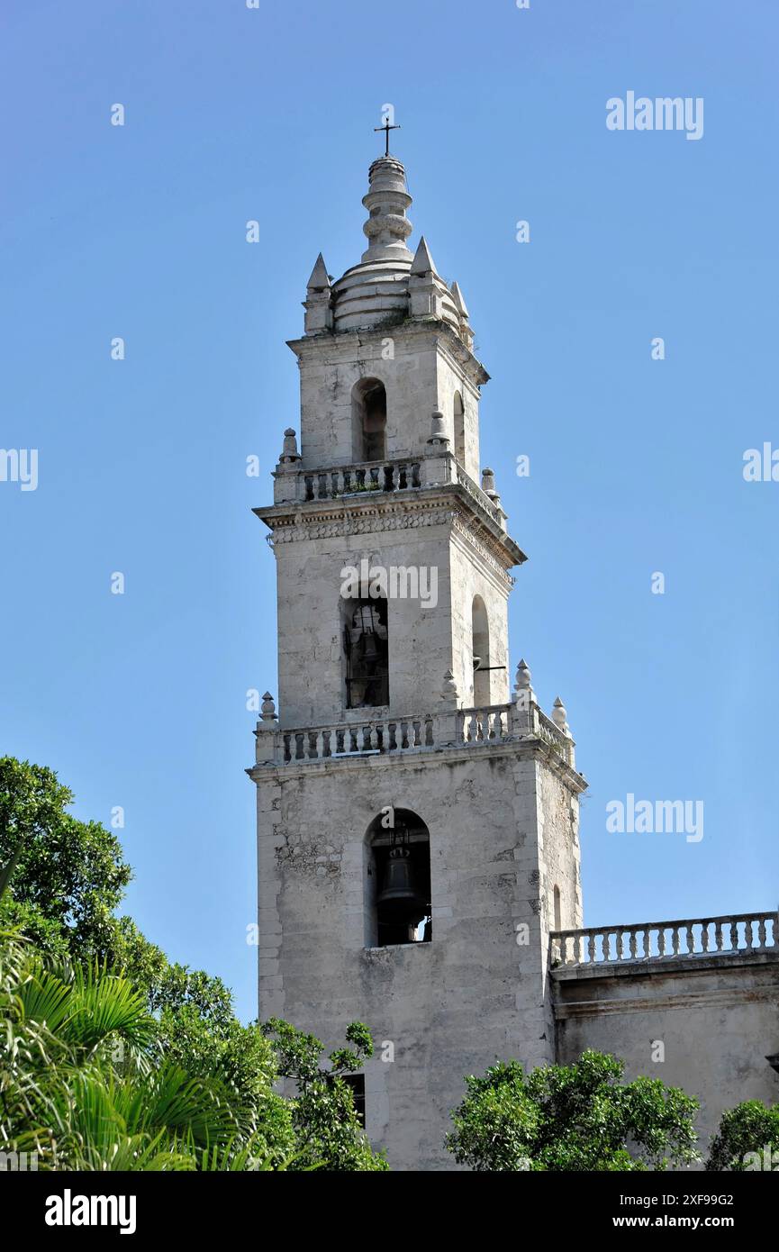 Merida, Yucatan, Mexique, Amérique centrale, Une seule tour d'église s'élève dans le ciel bleu, entourée d'arbres Banque D'Images