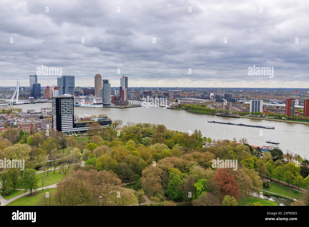 Vue paysage d'une ville fluviale avec des bâtiments modernes, un port et des espaces verts sous un ciel nuageux, Rotterdam, pays-Bas Banque D'Images