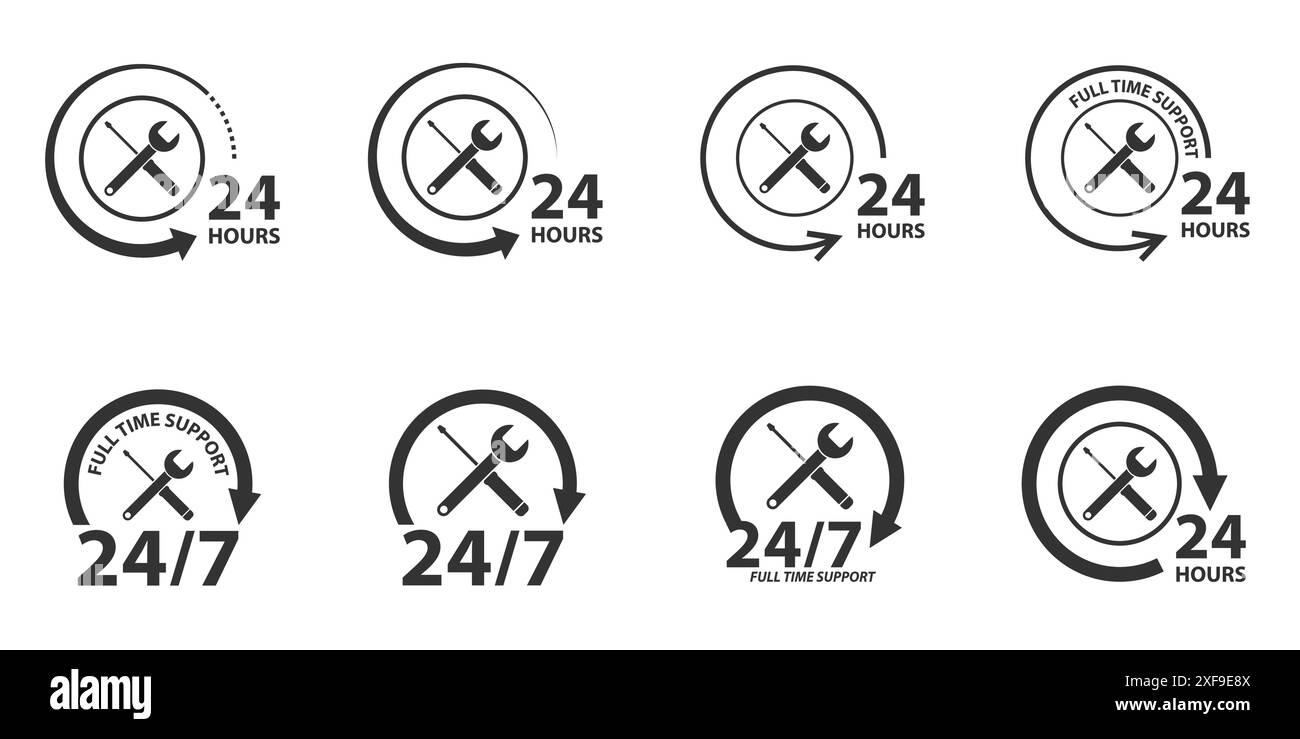 Ensemble de 24/7 logo de service de voiture avec tournevis et clé. Icône d'assistance à temps plein. Illustration vectorielle plate. Illustration de Vecteur