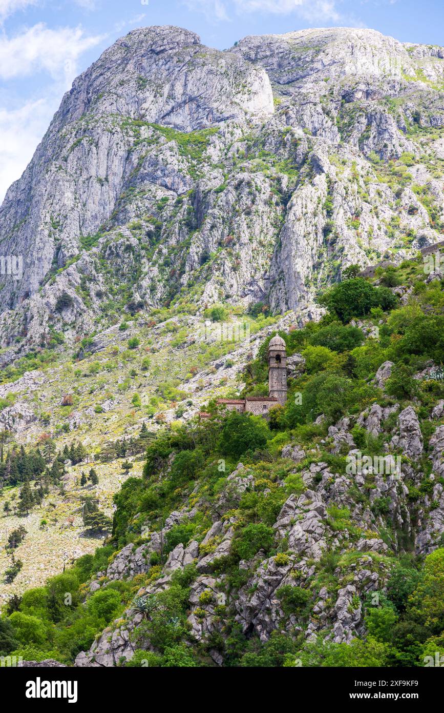 L'église et le clocher de notre-Dame de la santé, notre-Dame de Remedy, qui se trouve sur les structures défensives à flanc de colline au-dessus de la vieille ville de Kotor, Monténégro Banque D'Images