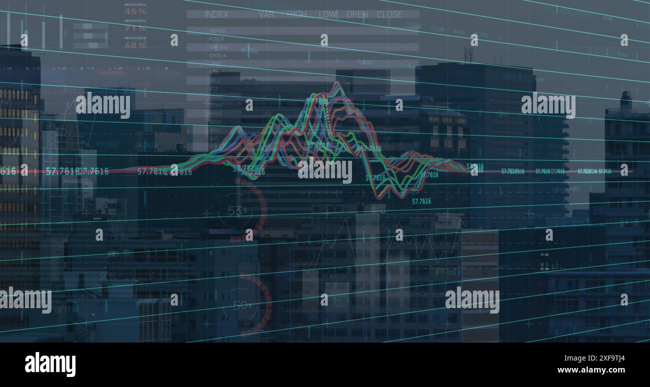 Animation du traitement des données statistiques et boursières par rapport à la vue aérienne du paysage urbain Banque D'Images