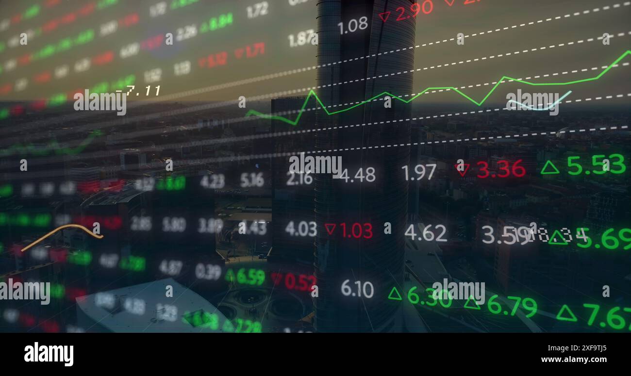Animation du traitement des données statistiques et boursières par rapport à la vue aérienne du paysage urbain Banque D'Images