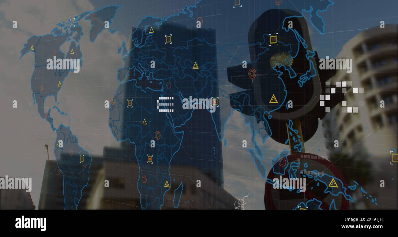 Image de la carte du monde et du traitement des données contre le feu de signalisation sur la rue Banque D'Images