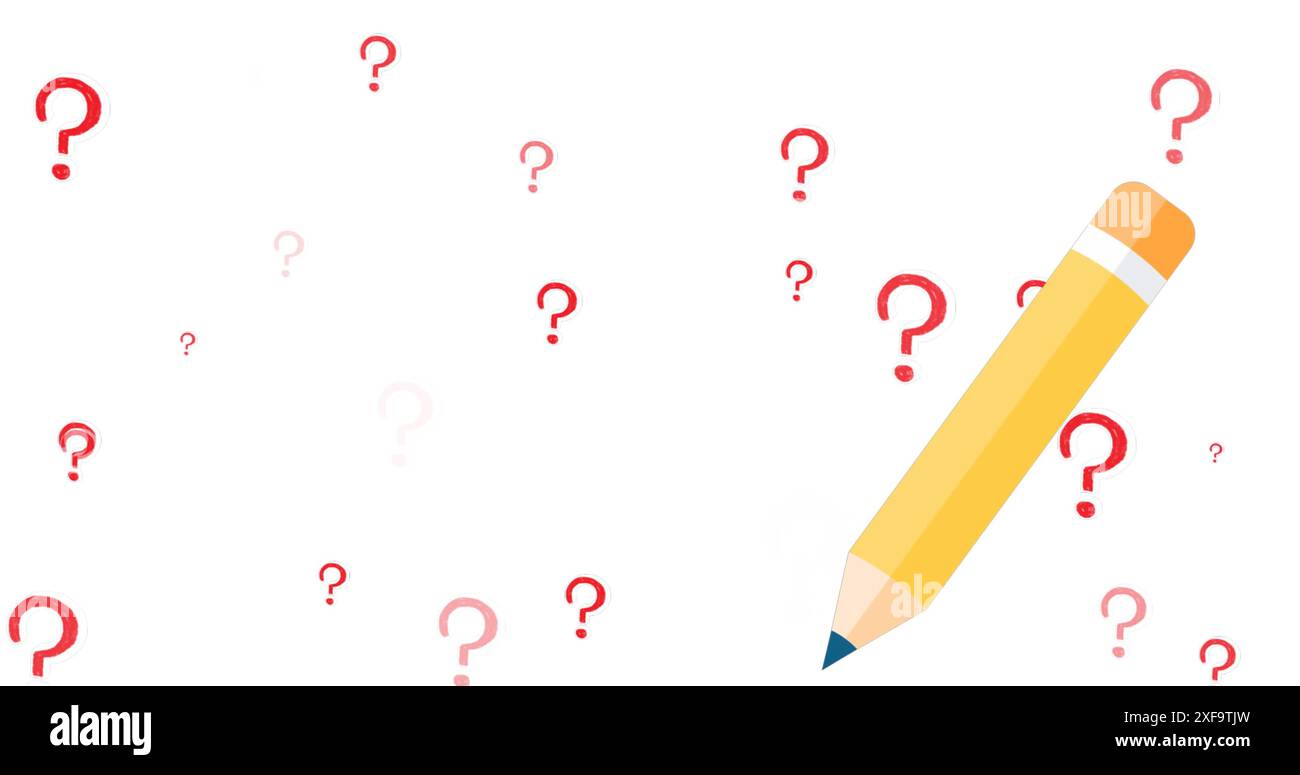 Image de l'icône de crayon et des points d'interrogation sur fond blanc Banque D'Images