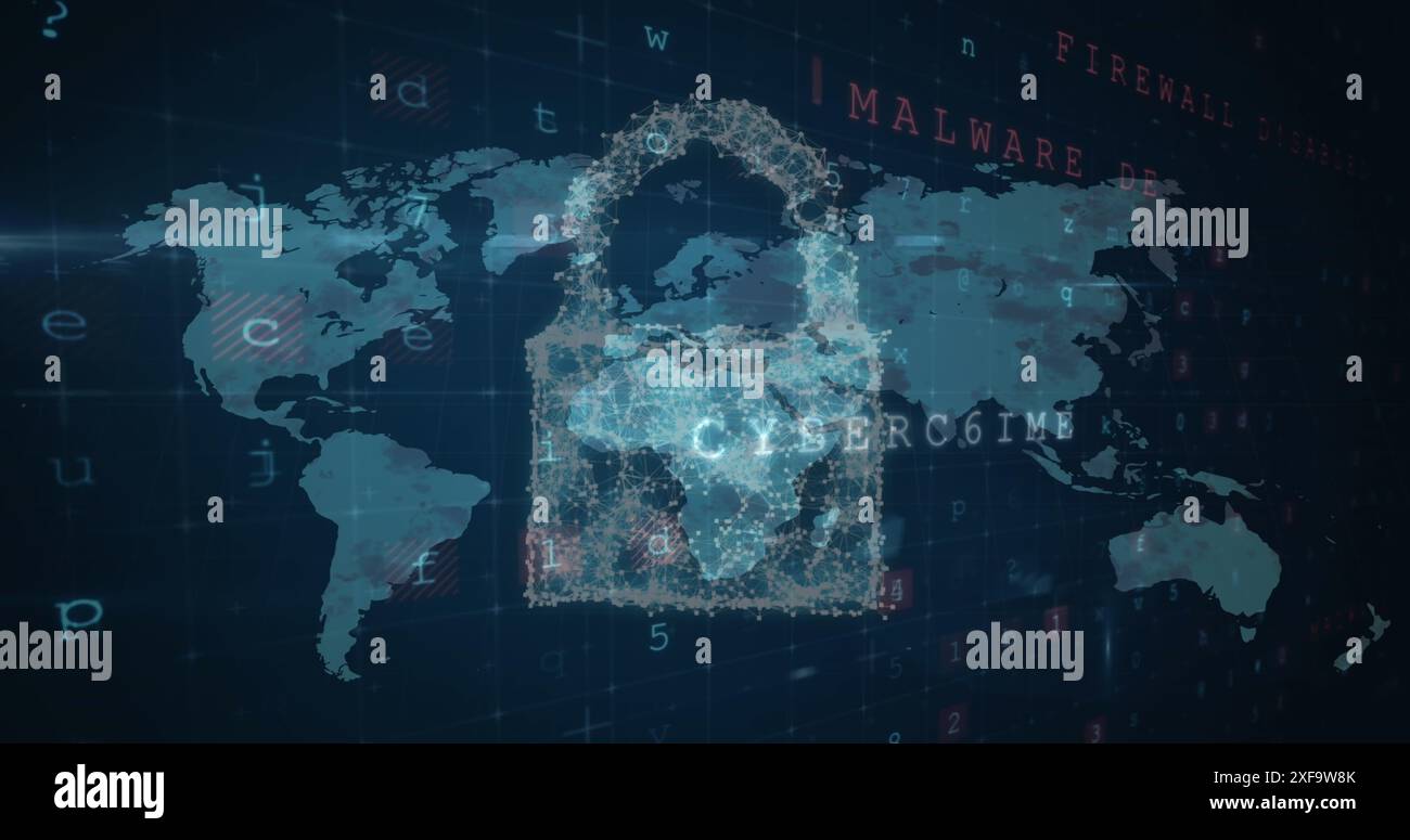 Image de nuage et cadenas avec carte et plusieurs lettres et chiffres Banque D'Images