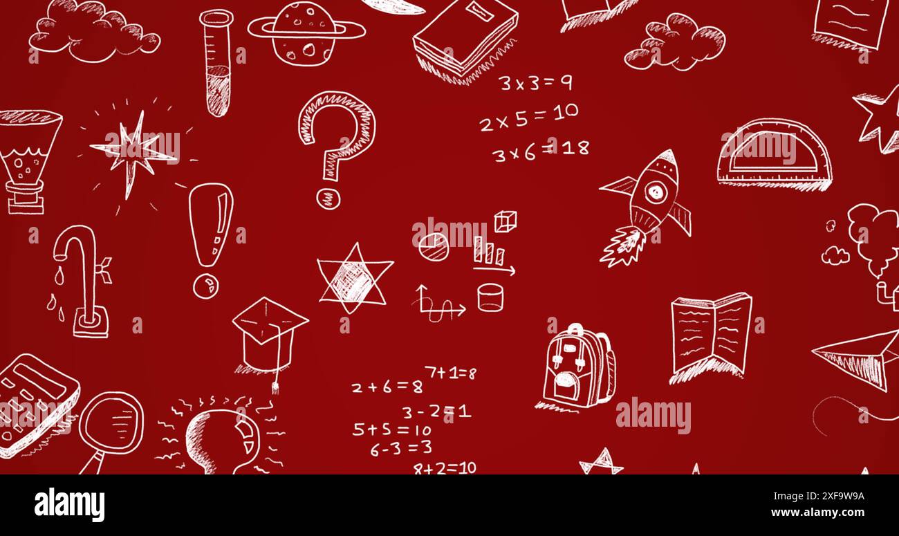 Image de dessin de lune, étoiles, ampoule, fournitures scolaires, fusée, mortarboard sur fond rouge Banque D'Images