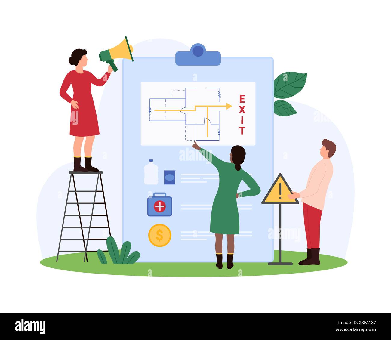 Formation à la sécurité incendie, présentation de l'évacuation du bâtiment en cas de danger. Minuscules personnes pointant sur le plan d'étage avec la flèche de sortie, tenant mégaphone et signe d'avertissement illustration vectorielle de dessin animé Illustration de Vecteur