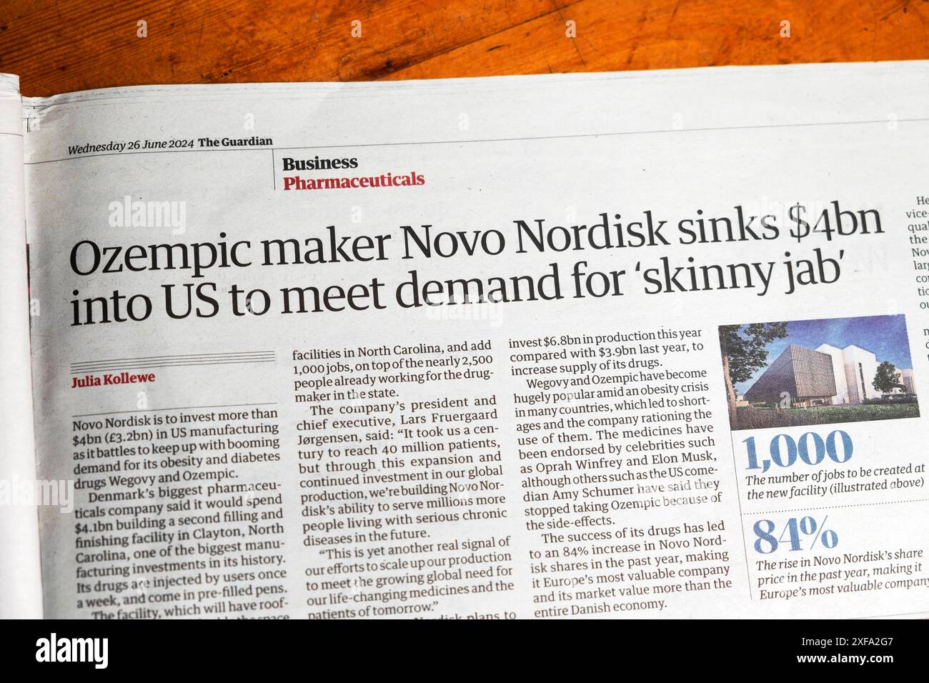 Novo Nordisk, fabricant d'Ozempic, fait couler 4 milliards de dollars aux États-Unis pour répondre à la demande de « skinny Jab » du journal Guardian titre article sur la médecine de l'obésité Royaume-Uni 26 juin 2024 Royaume-Uni Banque D'Images