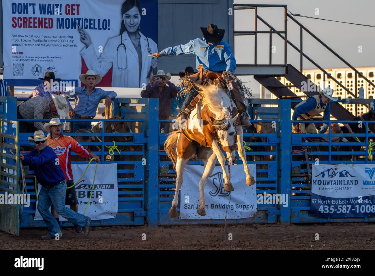 Cow-boy de rodéo professionnel Josh Davison dans la selle bronc événement dans un rodéo dans l'Utah. Banque D'Images