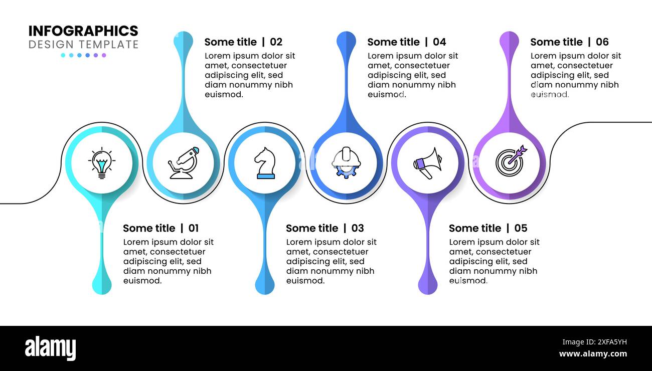 Modèle d'infographie avec icônes et 6 options ou étapes. Ligne. Peut être utilisé pour la mise en page de flux de travail, le diagramme, la bannière, la conception Web. Illustration vectorielle Illustration de Vecteur