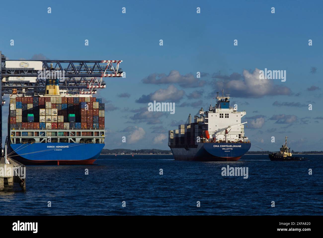Un grand porte-conteneurs est assisté par un remorqueur dans le port de Sydney, en Nouvelle-Galles du Sud, en Australie. Banque D'Images