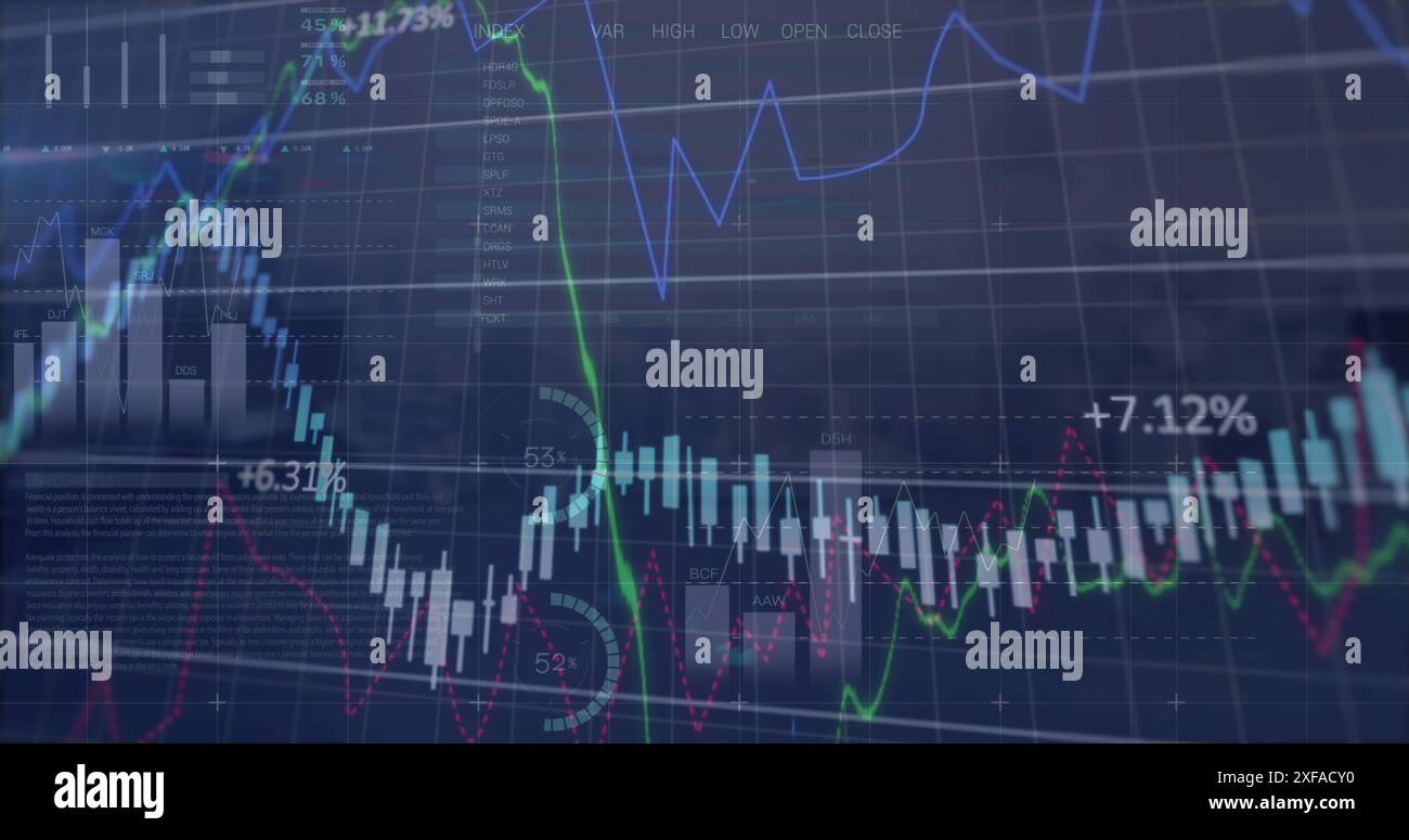 Image du traitement des données financières et statistiques par rapport à la vue aérienne du paysage urbain Banque D'Images