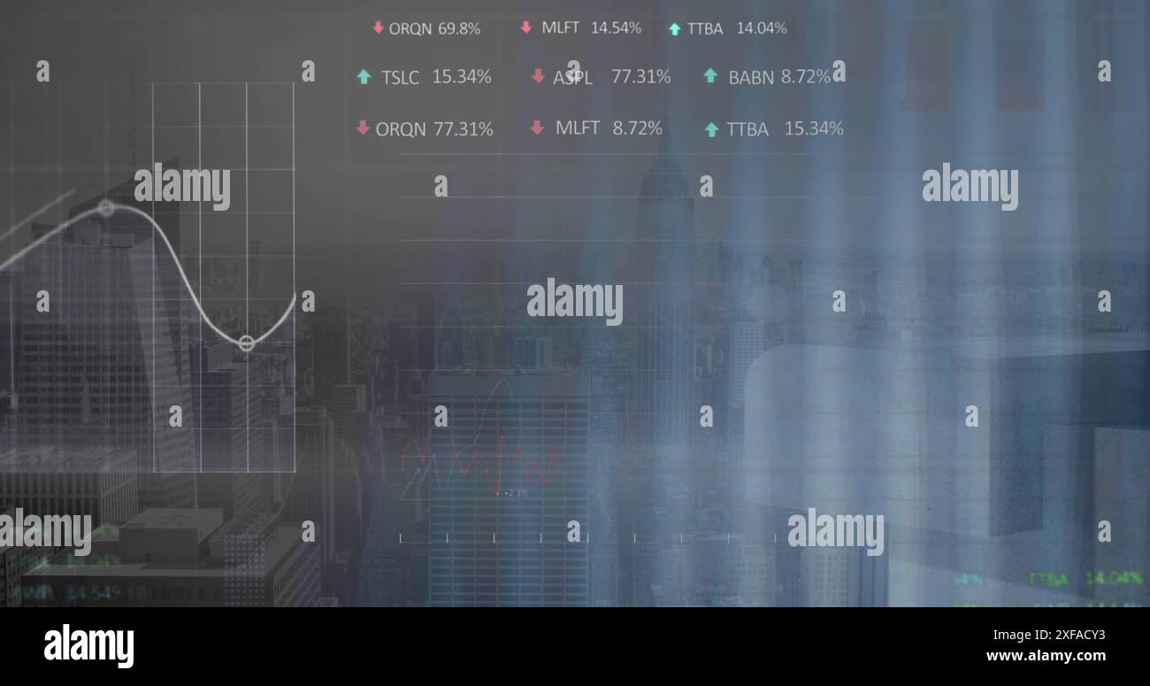 Image du traitement des données statistiques et boursières par rapport à la vue aérienne de Cityscape Banque D'Images