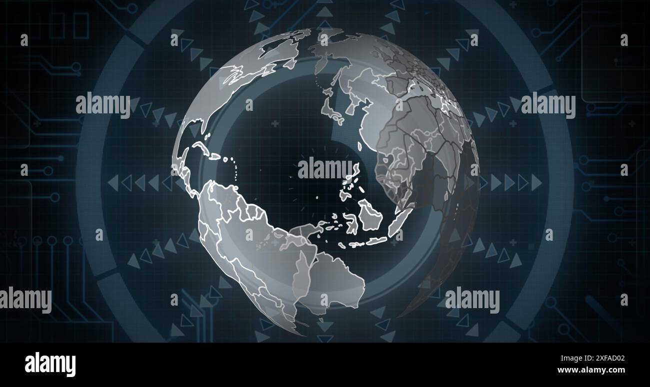 Illustration d'un globe tournant sur des connexions rondes du scanner et du microprocesseur sur fond noir Banque D'Images