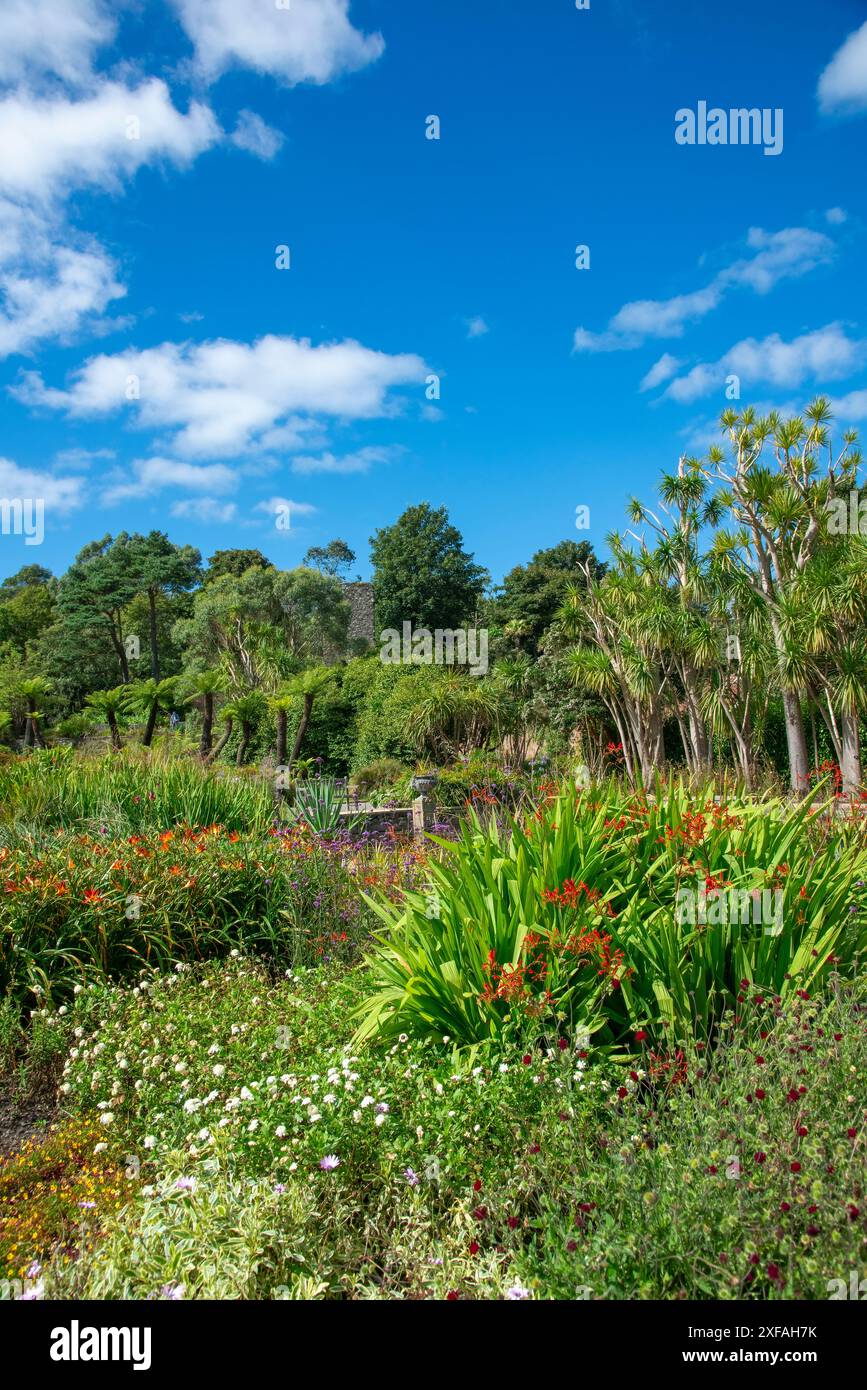 Vue sur les parterres de fleurs et les arbres, avec une personne en arrière-plan, au jardin botanique Logan Banque D'Images