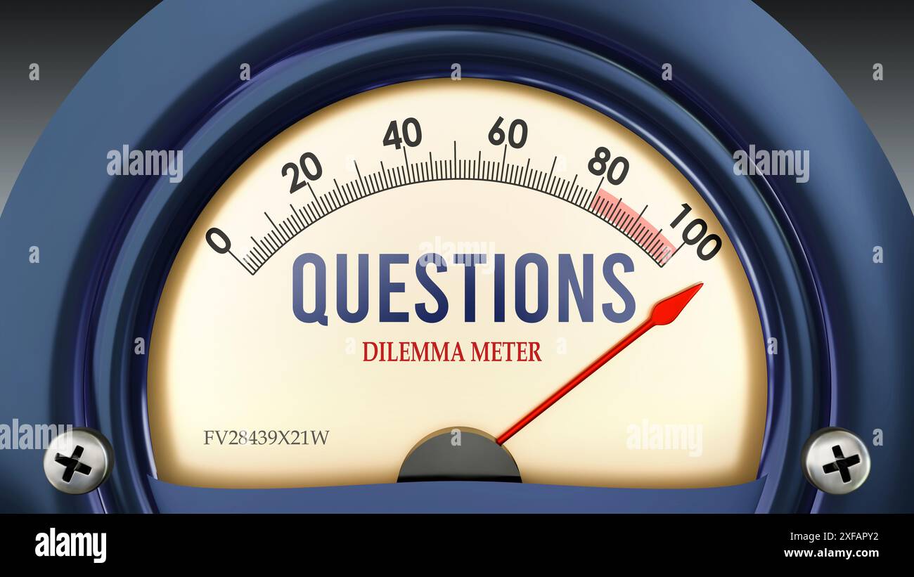 Questions et Dilemma Meter qui atteint une échelle complète, montrant un niveau très élevé de questions Banque D'Images