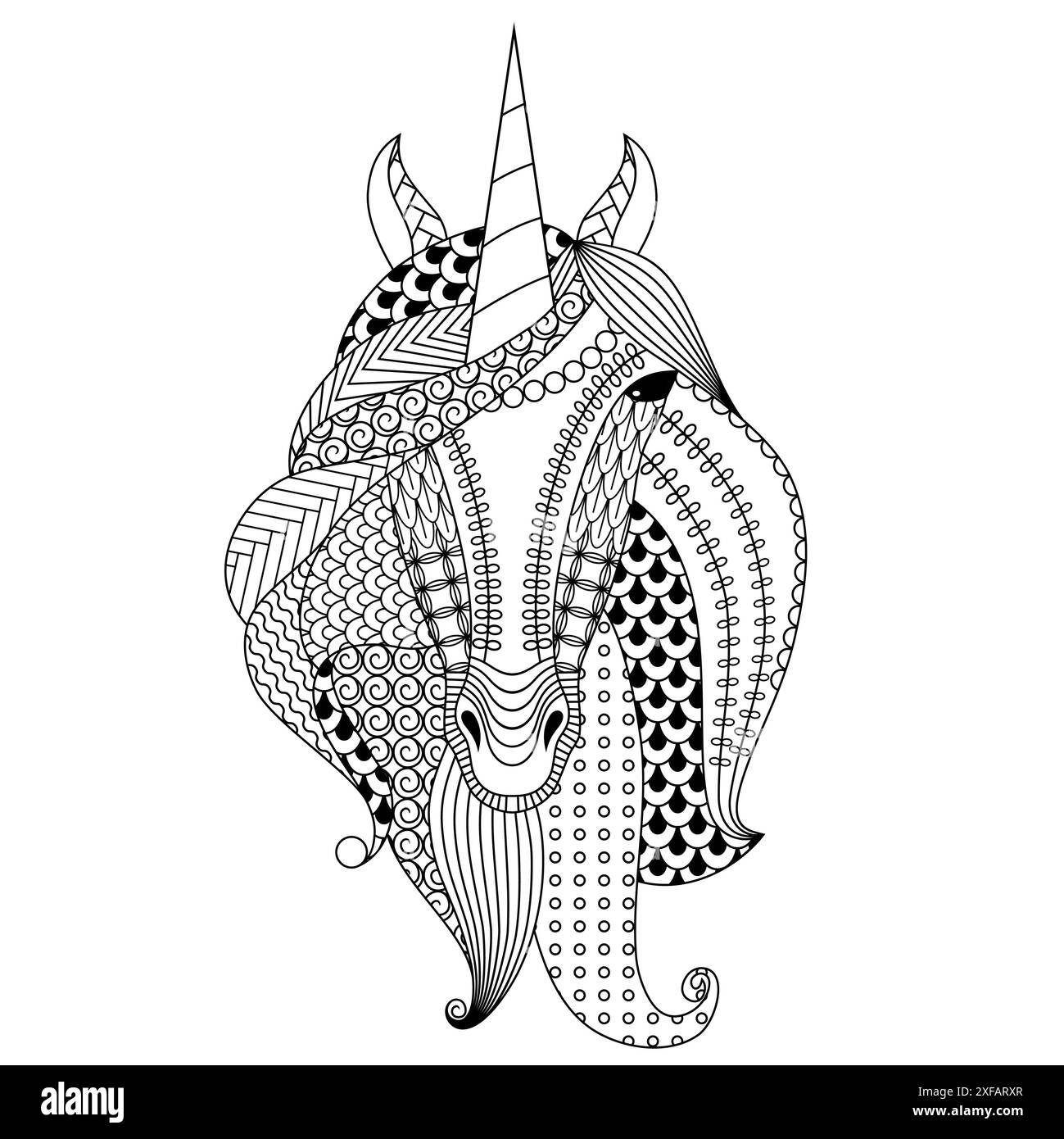 Licorne dessinée à la main. Livre de coloriage pour adultes, illustration vectorielle, isolé sur fond blanc. Illustration de Vecteur