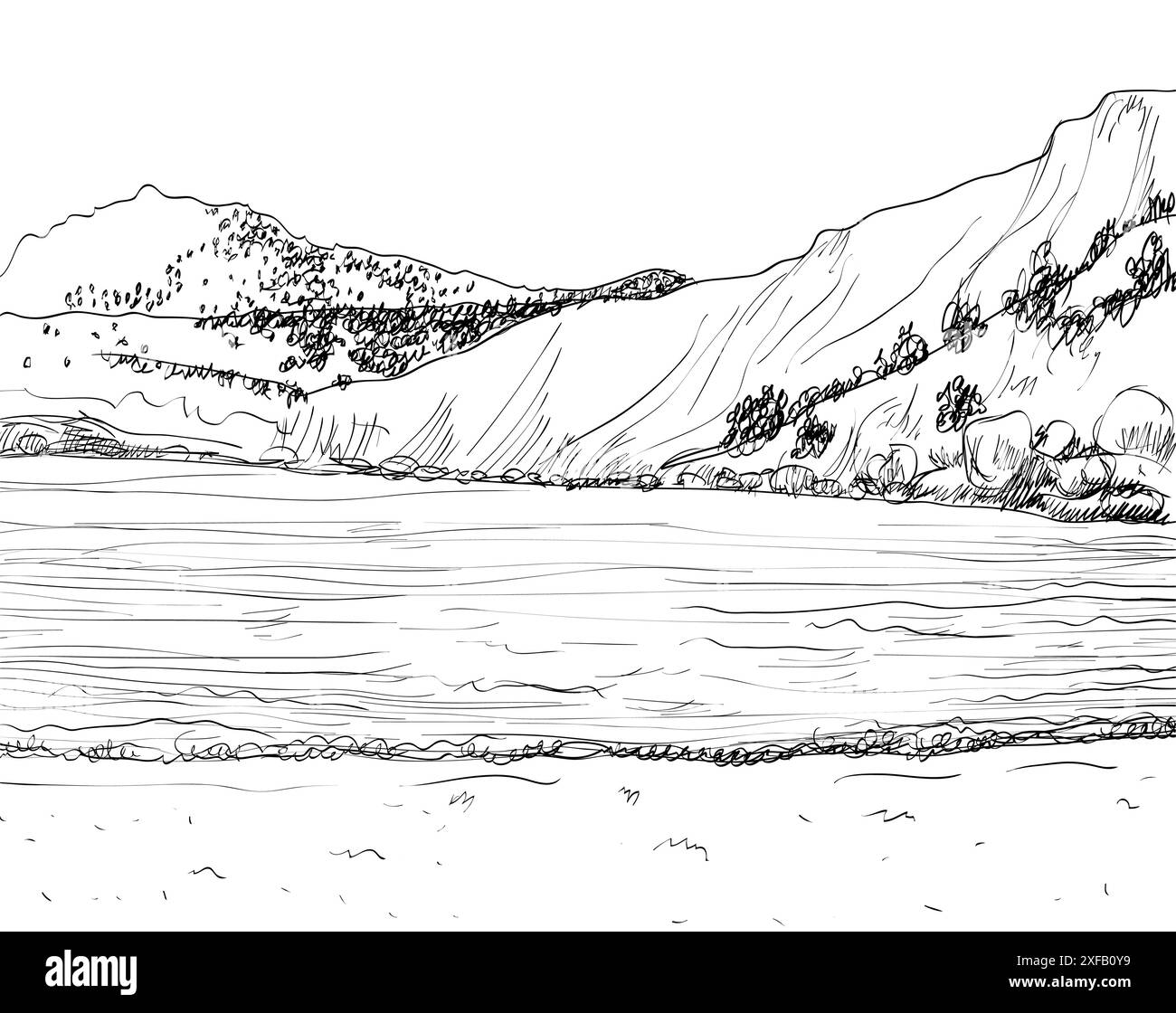 Croquis de paysage marin d'été vectoriel. Rivage rocheux, baigné par le surf Illustration de Vecteur