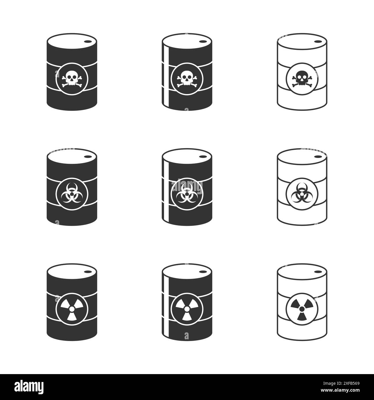 Barils de déchets toxiques, biodangereux et radioactifs. Illustration vectorielle plate. Illustration de Vecteur