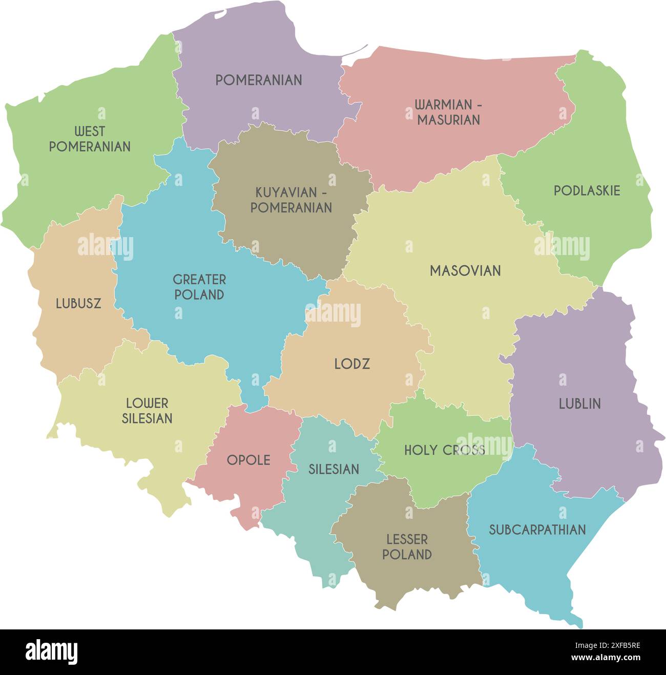 Carte vectorielle de la Pologne avec les provinces et les divisions administratives. Calques modifiables et clairement étiquetés. Illustration de Vecteur
