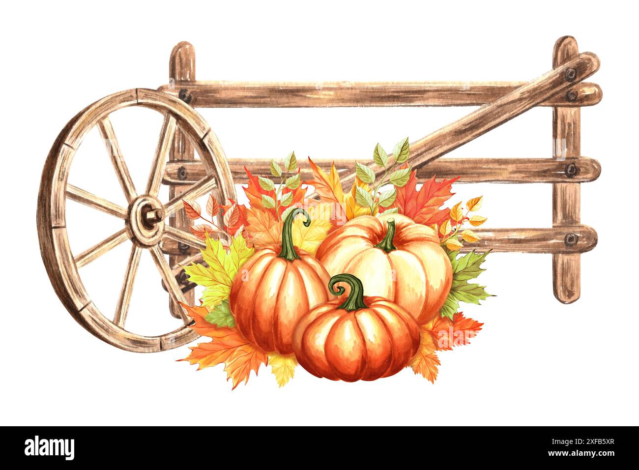 Citrouilles avec des feuilles d'érable et une roue de chariot près d'une clôture en bois. Composition de la récolte automne. Illustration d'aquarelle dessinée à la main isolée. Thanksgiving Banque D'Images