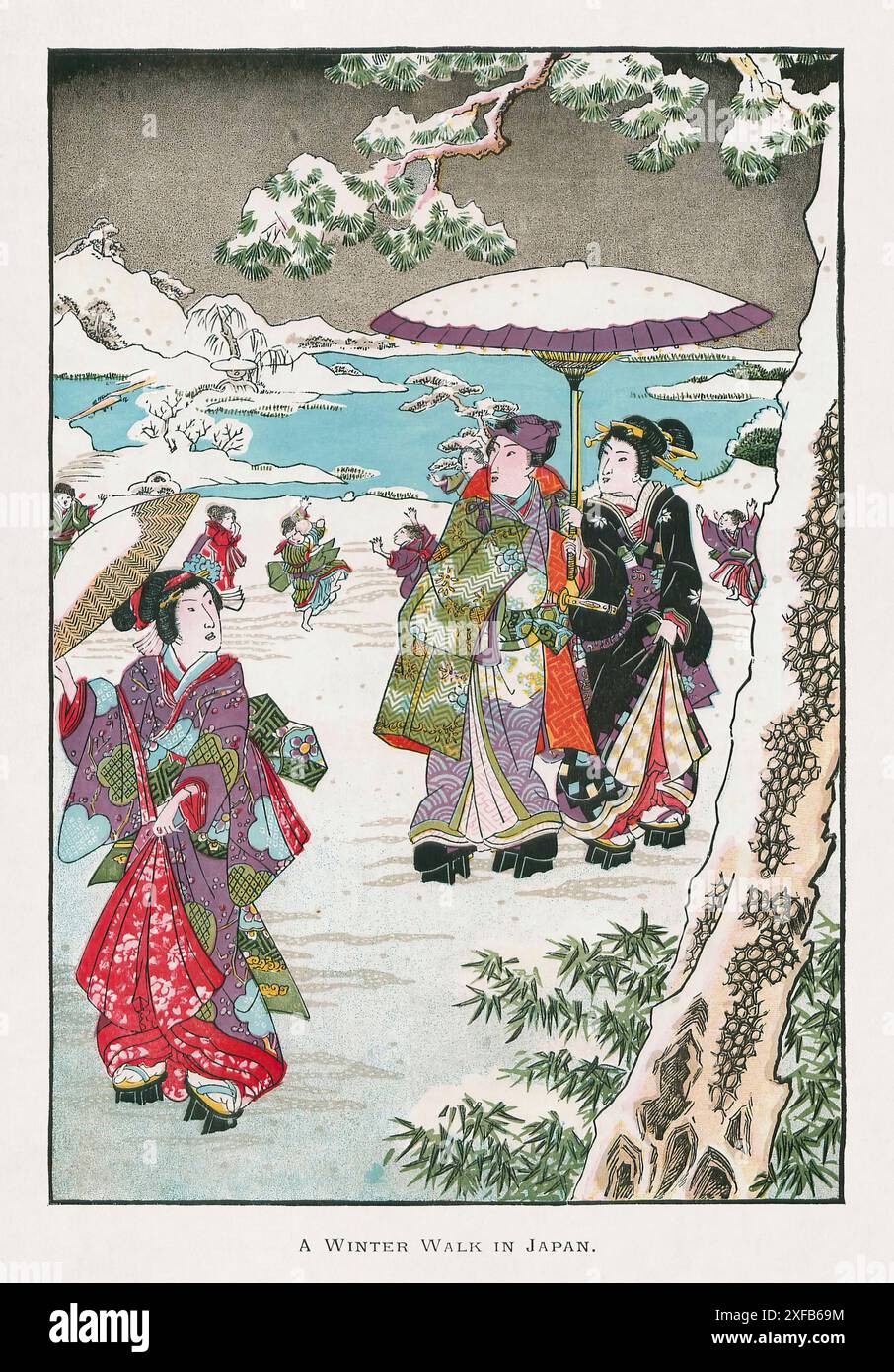 Illustration de Japonais marchant dans un parc en hiver par Utagawa Kunisada créée en 1857. Banque D'Images