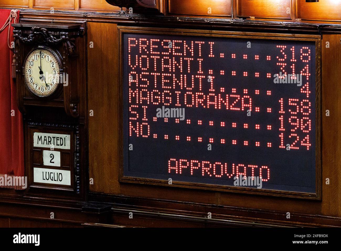 Roma, Italie. 02 juillet 2024. Il tabellone elettronico della Camera dei deputati durante il voto di fiducia su dl Coesione a Roma, Marted&#xec;, 2 Luglio 2024 (Foto Roberto Monaldo/LaPresse) Tableau de bord électronique de la Chambre des députés lors du vote de confiance sur le projet de cohésion à Rome, jeudi 2 juillet 2024 (photo Roberto Monaldo/LaPresse) crédit : LaPresse/Alamy Live News Banque D'Images