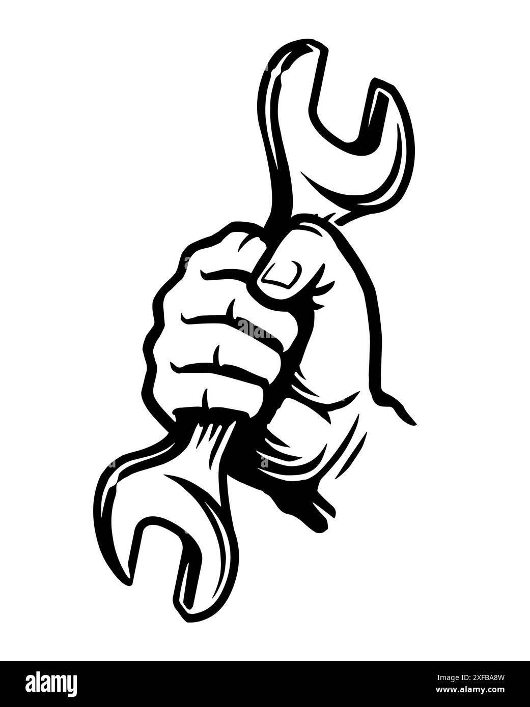 Main de travail avec clé. Clé à outils dans le poing. Atelier de réparation, emblème ou symbole de service. Illustration vectorielle Illustration de Vecteur