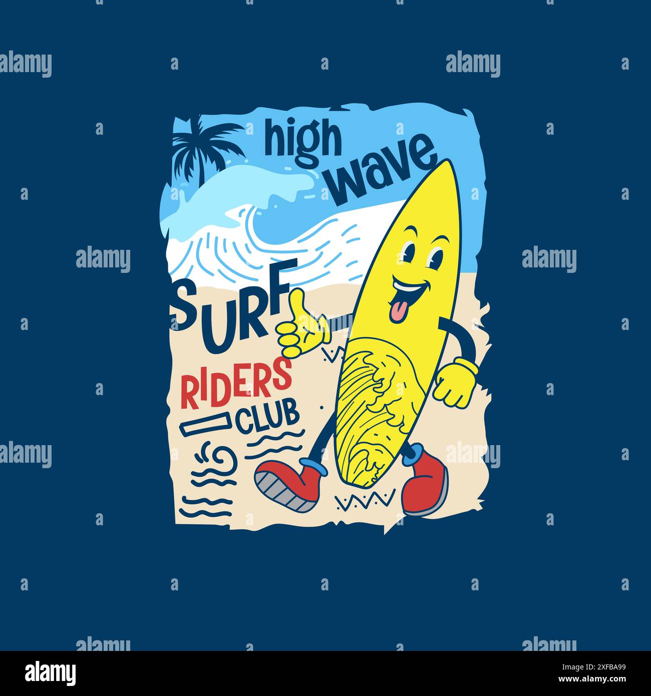 High wave surf riders typography Funny cartoon surf board design graphique Illustration de Vecteur