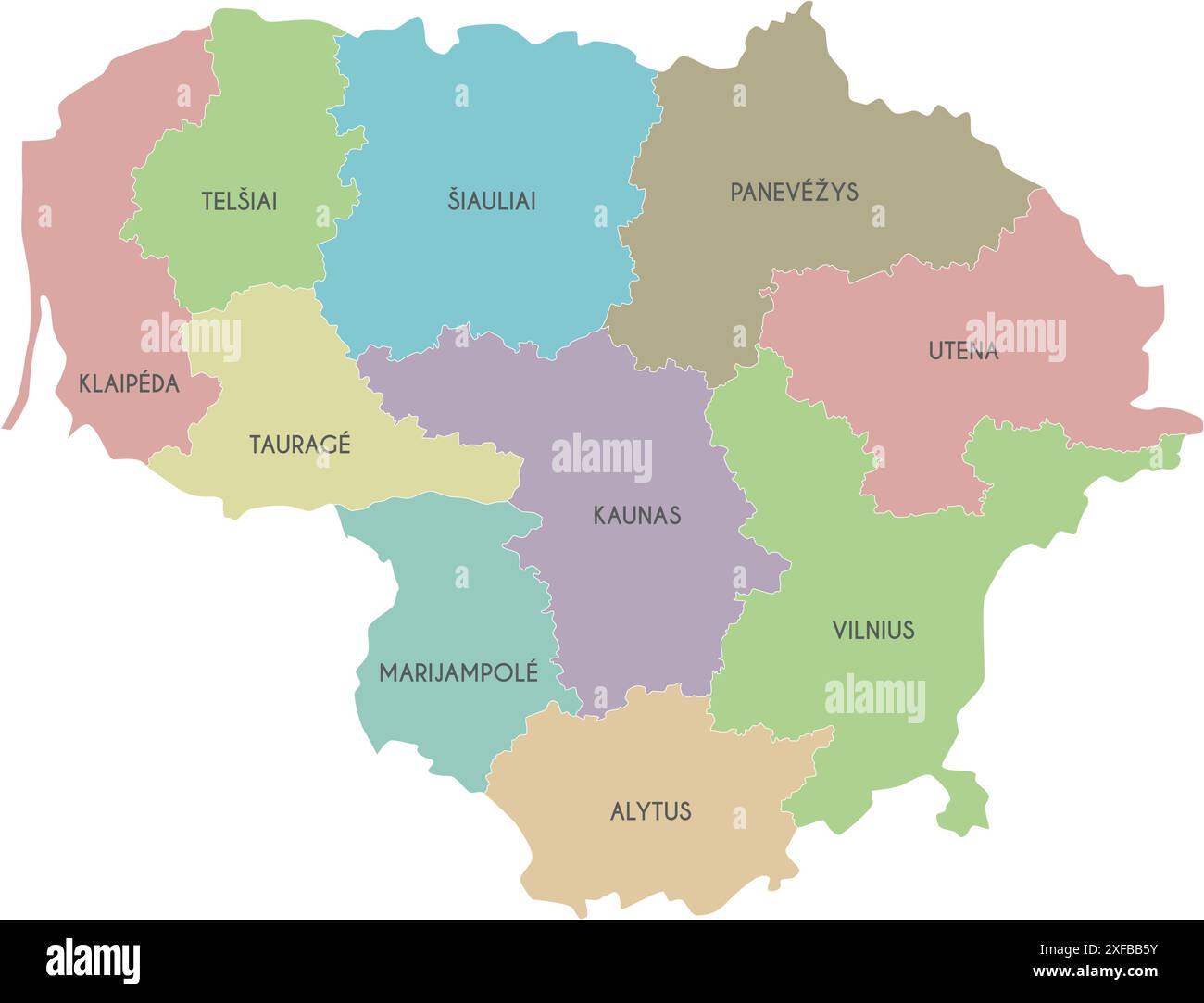 Carte régionale vectorielle de la Lituanie avec les comtés et les divisions administratives. Calques modifiables et clairement étiquetés. Illustration de Vecteur