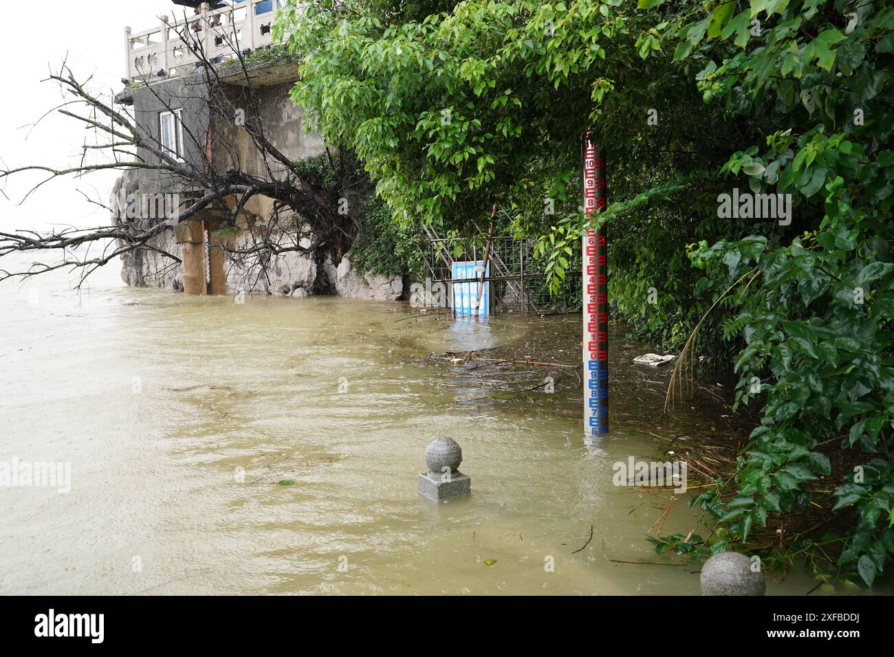 Jiujiang. 2 juillet 2024. Cette photo prise le 2 juillet 2024 montre le sentier submergé d'une station hydrologique située à la confluence du lac Poyang et du fleuve Yangtsé dans le comté de Hukou, dans la province du Jiangxi, à l'est de la Chine. Le niveau d'eau à la station hydrologique de Xingzi du lac Poyang avait atteint 21,29 mètres à 20 heures mardi, 2,29 mètres au-dessus du point d'alerte. Crédit : Zhou Mi/Xinhua/Alamy Live News Banque D'Images