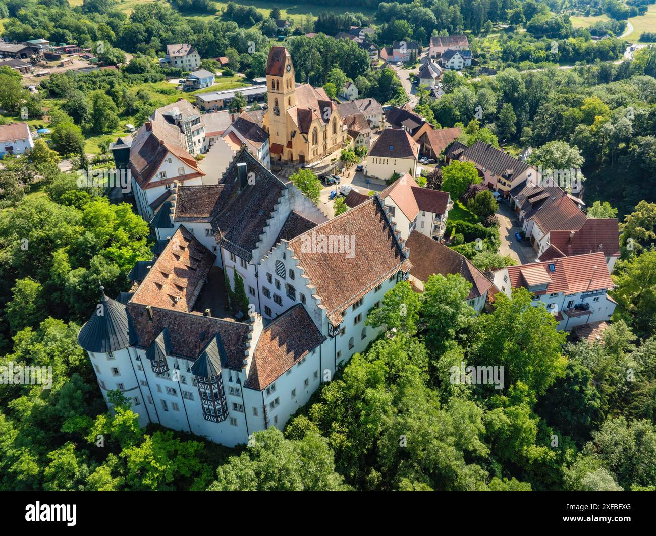 Vue aérienne du champ de fleurs, quartier de la ville sud de Baden de Tengen avec le château des champs de fleurs et l'église paroissiale de St Michael, Hegau Banque D'Images