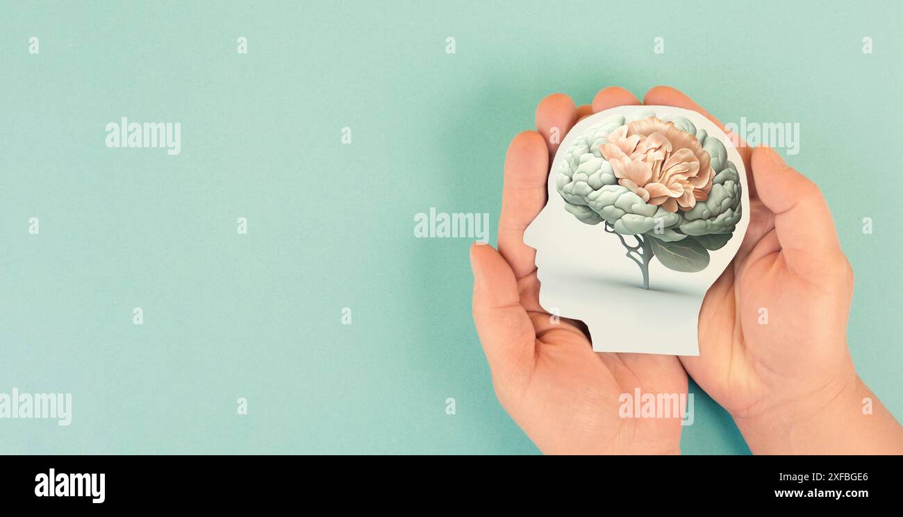 Mains tenant la tête, le cerveau humain se développe à partir de l'arbre, le concept de soins personnels et de santé mentale, la pensée positive, l'esprit créatif Banque D'Images