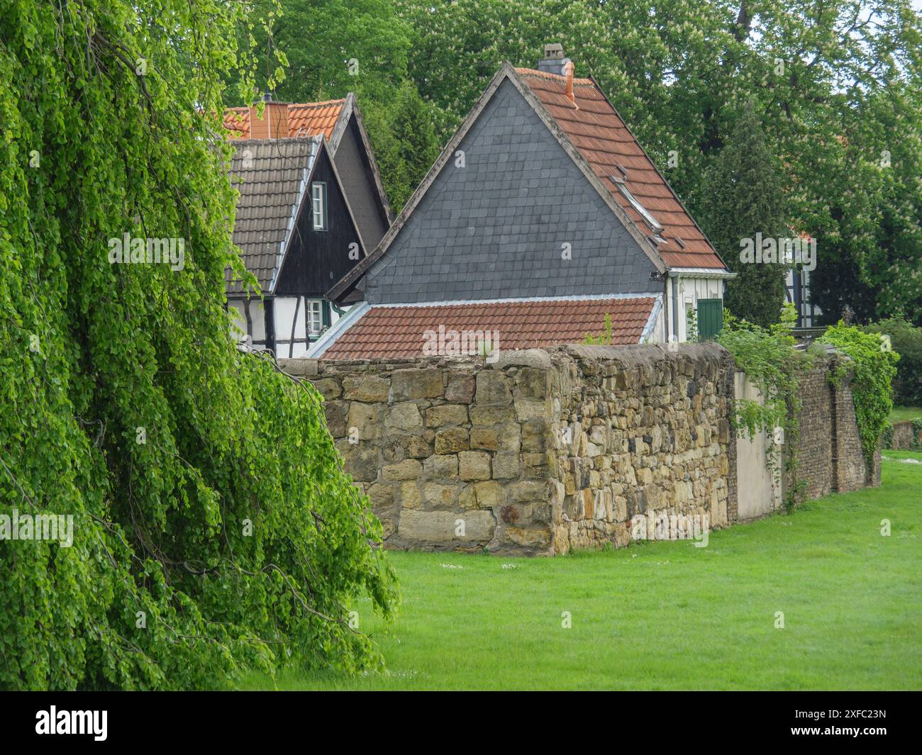 Jardin avec vue sur les maisons à colombages et un mur de pierre, entouré d'arbres et d'une pelouse luxuriante, Herten, Rhénanie du Nord-Westphalie, Allemagne Banque D'Images