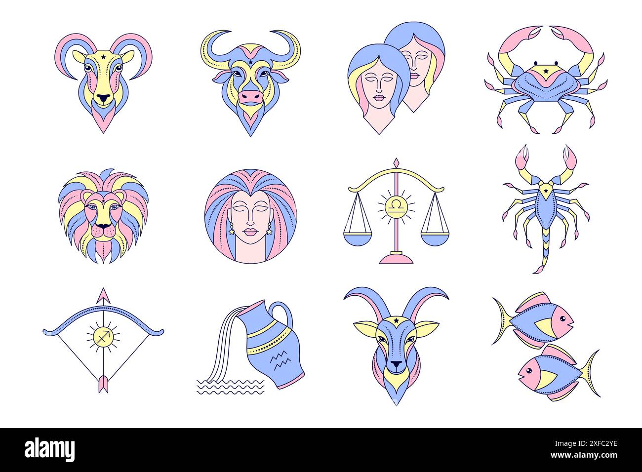 Collection de signes du zodiaque sur fond blanc. Illustration de Vecteur