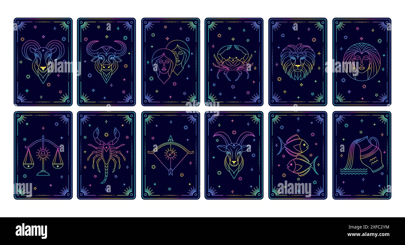 Collection de cartes de tarot avec signes du zodiaque. Illustration de Vecteur