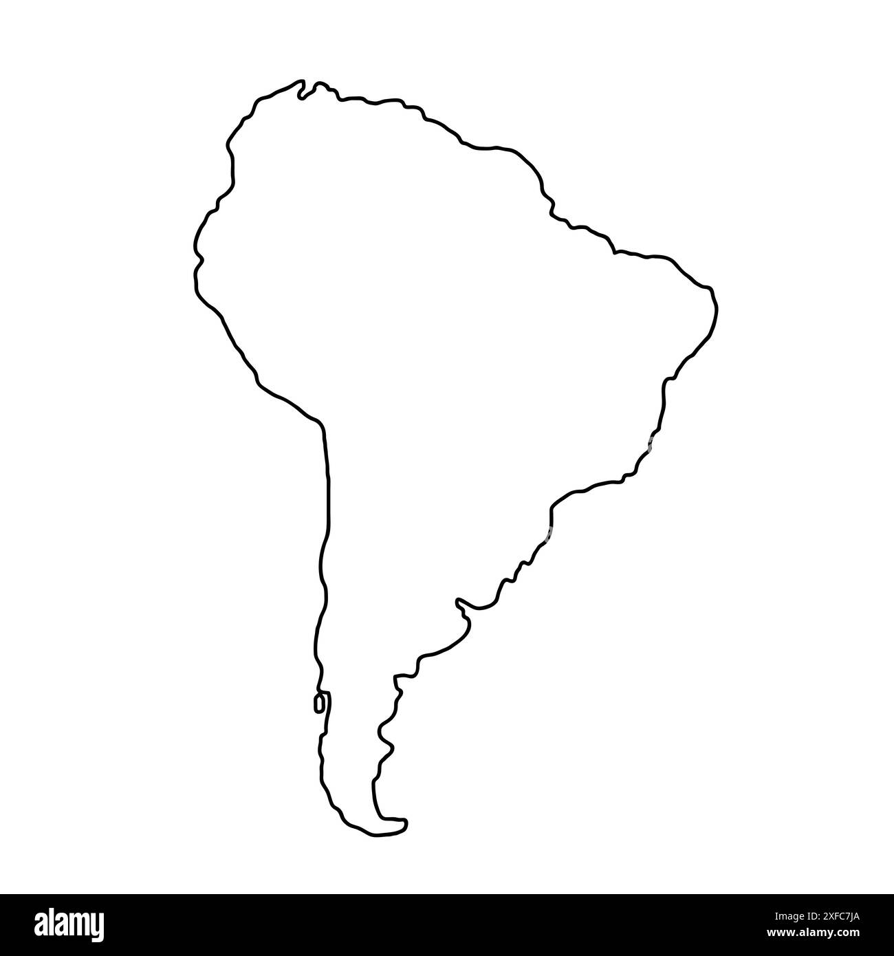 Carte dessinée à la main d'Amérique du Sud, silhouette du continent, bordures de contour stylisées, ligne noire. Illustration de Vecteur