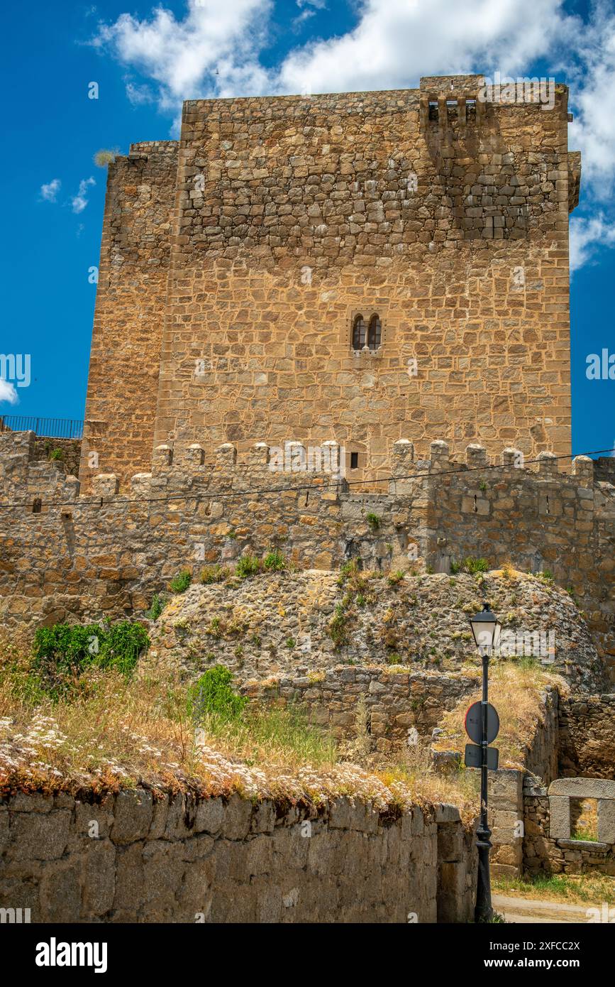 Vue sur le château médiéval de Davila à Puente del Congosto, situé dans la province de Salamanque, Espagne. L'architecture historique se dresse contre Banque D'Images