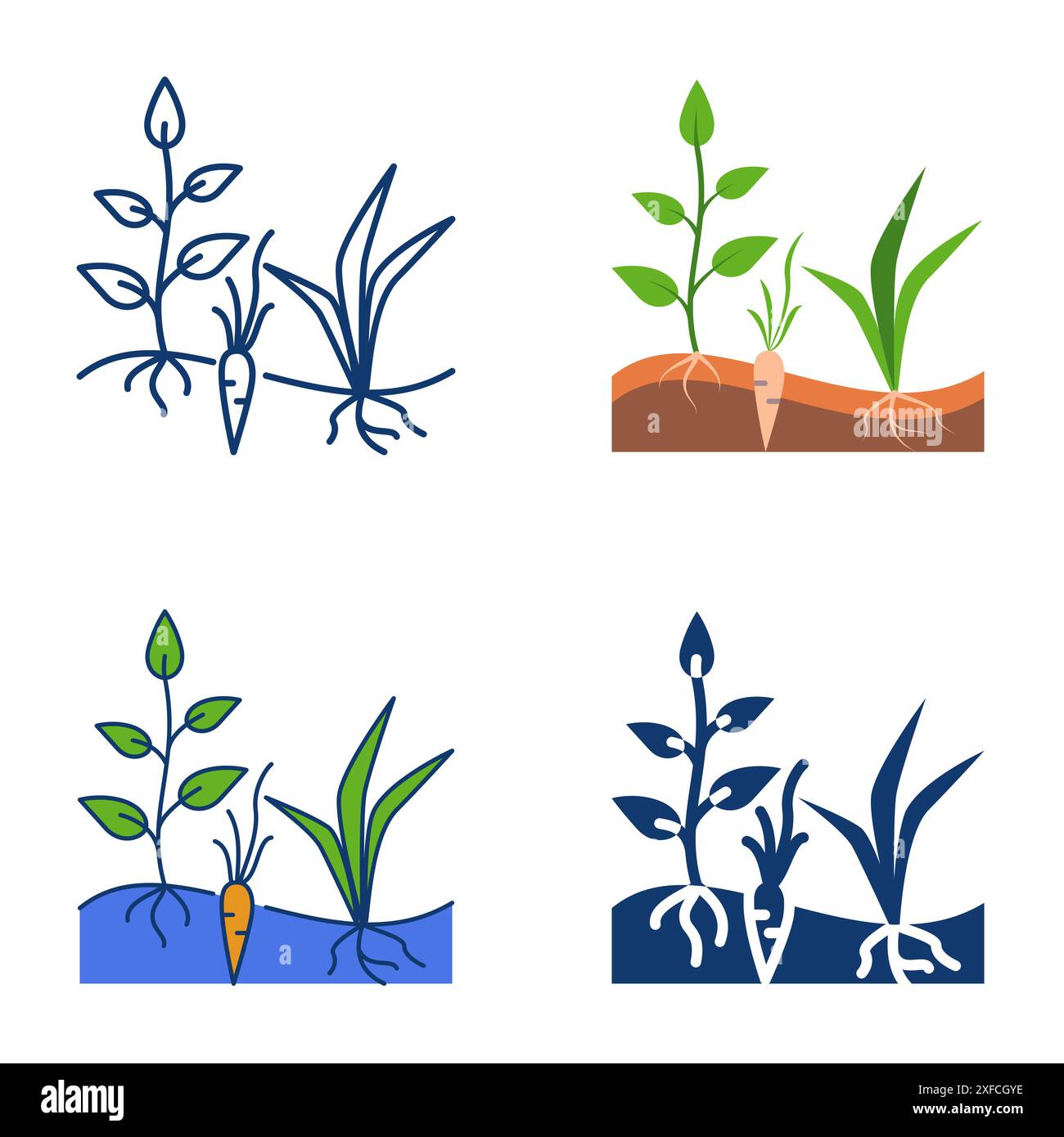 Icône de diversité des plantes définie dans un style plat et ligne. Variété croissante de plantes. Agriculture régénérative, agriculture durable. Illustration vectorielle Illustration de Vecteur