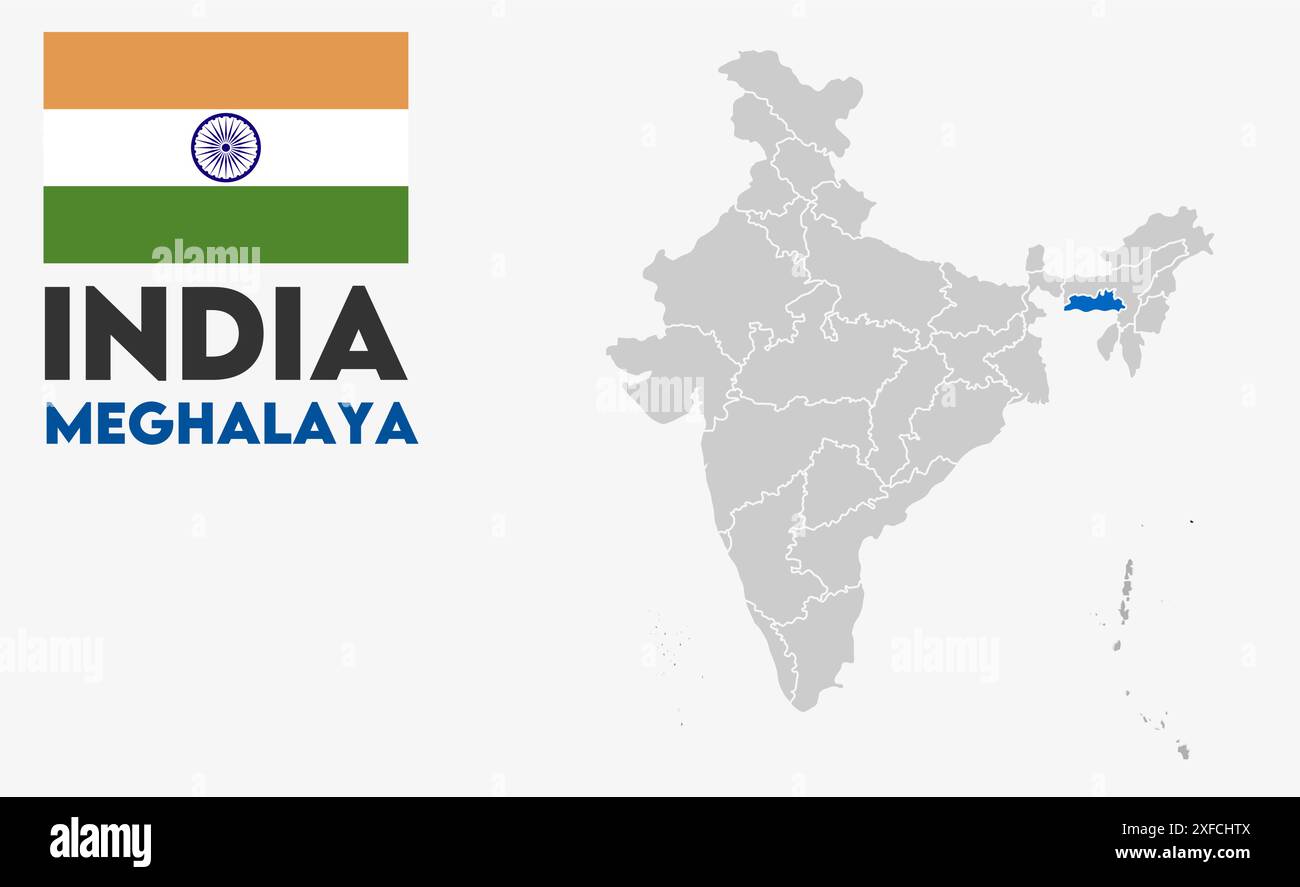 Meghalaya Map image1, État de l'Inde, République de l'Inde, gouvernement, carte politique, carte moderne, drapeau indien, illustration vectorielle Illustration de Vecteur
