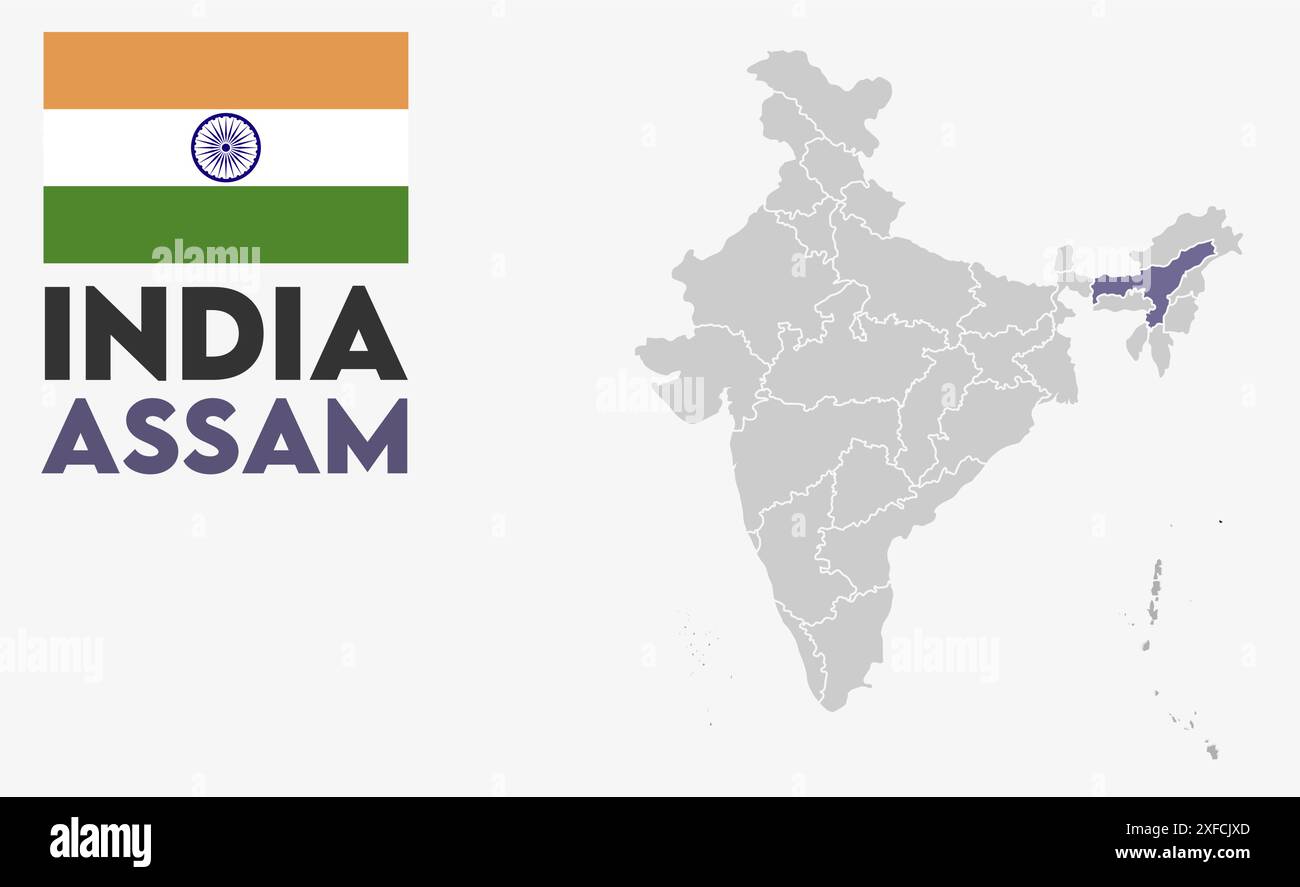 Assam Map image1, État de l'Inde, République de l'Inde, gouvernement, carte politique, carte moderne, drapeau indien, illustration vectorielle Illustration de Vecteur