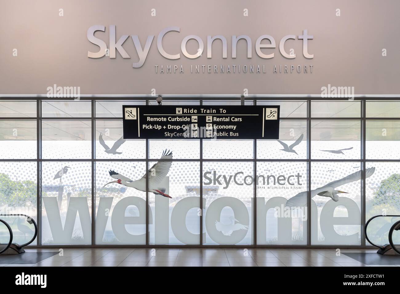 SkyConnect, à l'aéroport international de Tampa, est le transporteur de personnes de l'aéroport qui se connecte aux garages de stationnement et aux véhicules de location. Banque D'Images