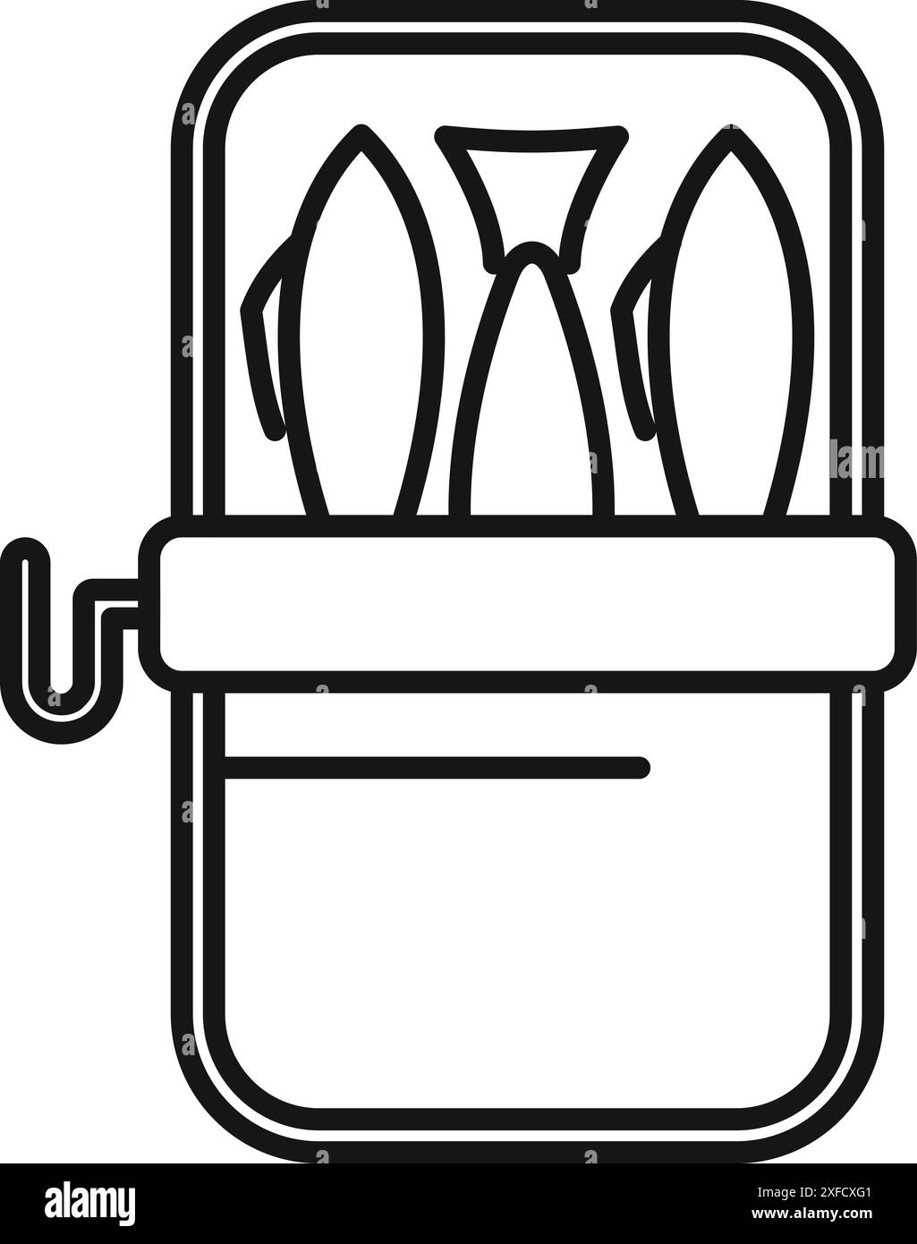 Dessin au trait d'une boîte de conserve ouverte pleine de sardines avec une clé pour l'ouverture Illustration de Vecteur