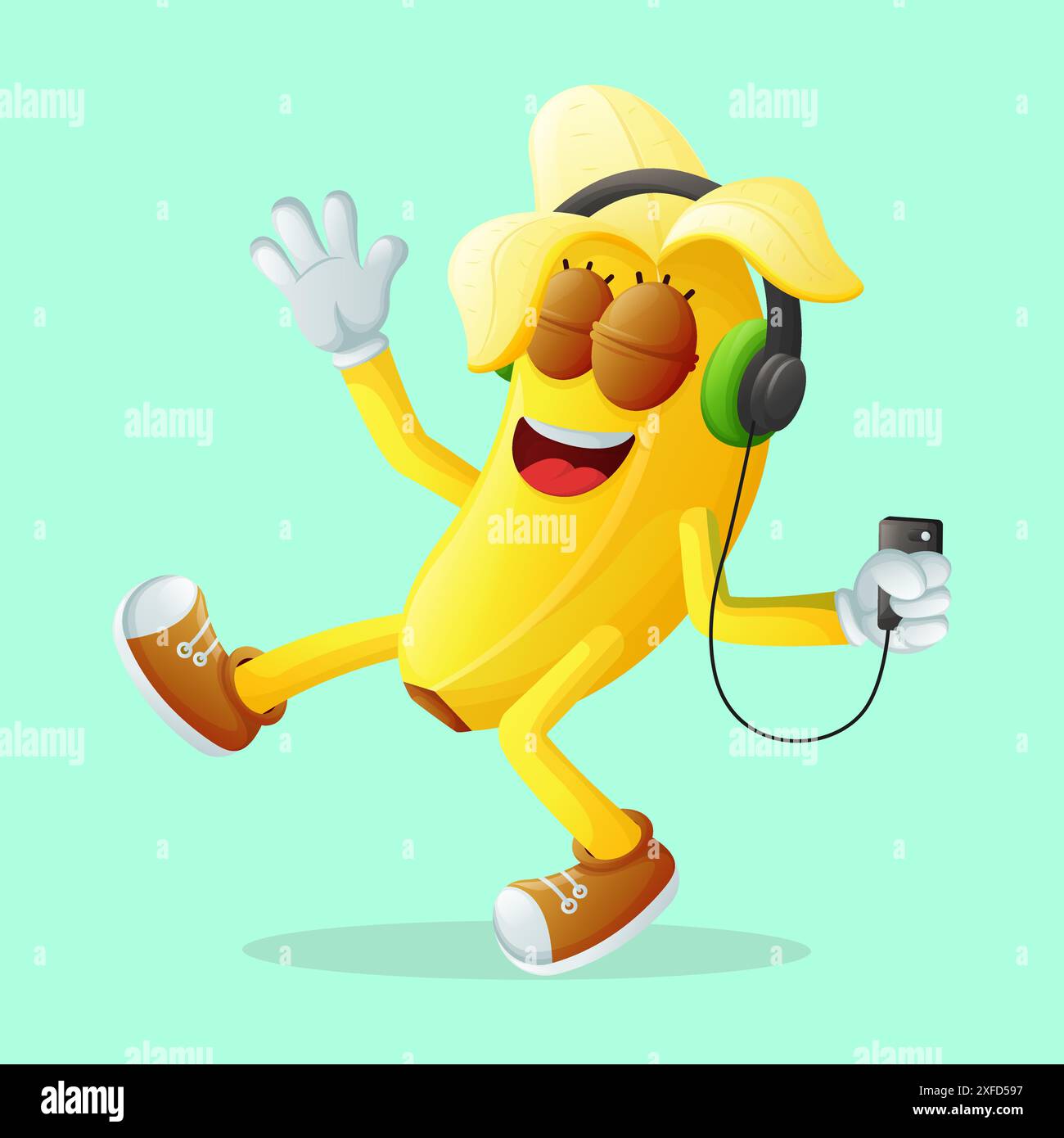 Personnage de banane mignon écoutant de la musique. Parfait pour les enfants, la marchandise et l'autocollant, la promotion de bannière ou le blog Illustration de Vecteur