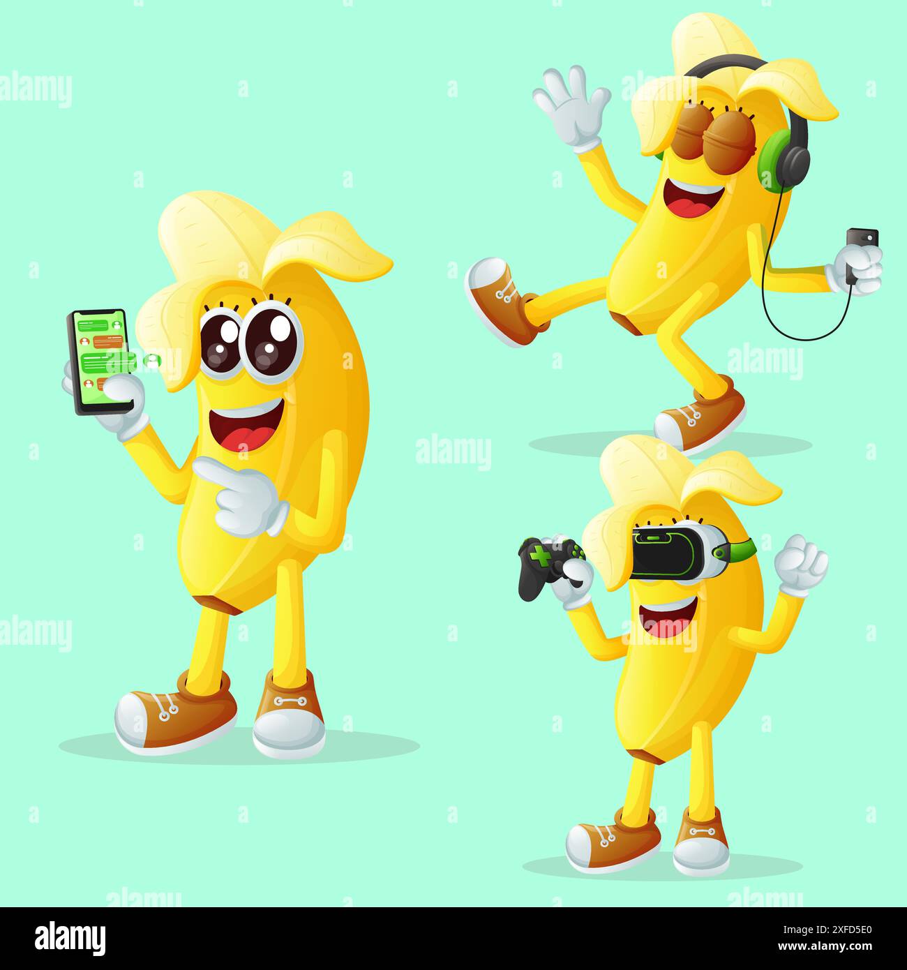 Ensemble de personnages de banane mignons et de la technologie. Parfait pour les enfants, la marchandise et l'autocollant, la promotion de bannière ou le blog Illustration de Vecteur