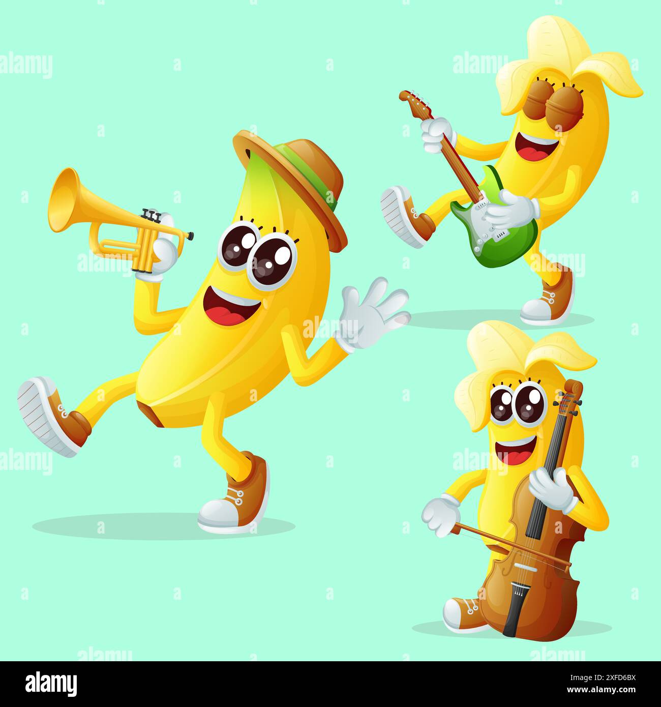 Ensemble de personnages de banane mignons jouant des instruments de musique. Parfait pour les enfants, la marchandise et l'autocollant Illustration de Vecteur