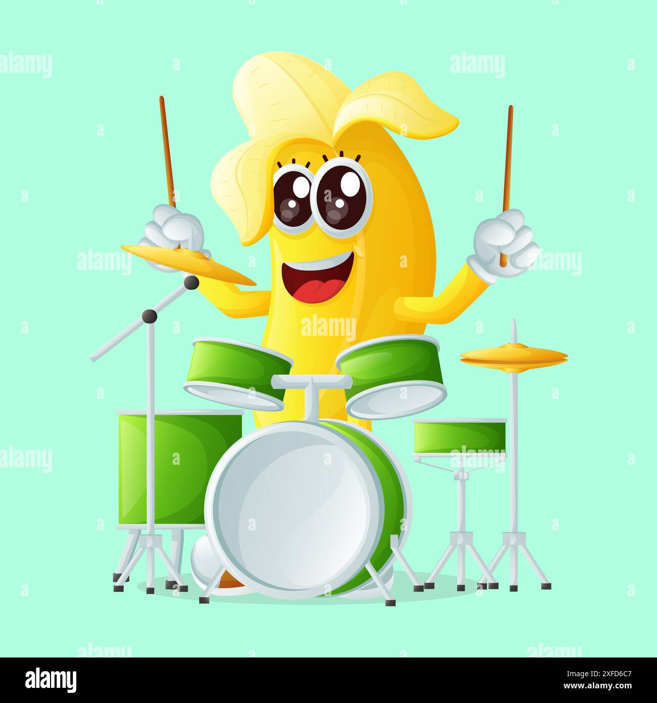 Personnage de banane mignon jouant du tambour. Parfait pour les enfants, la marchandise et l'autocollant Illustration de Vecteur