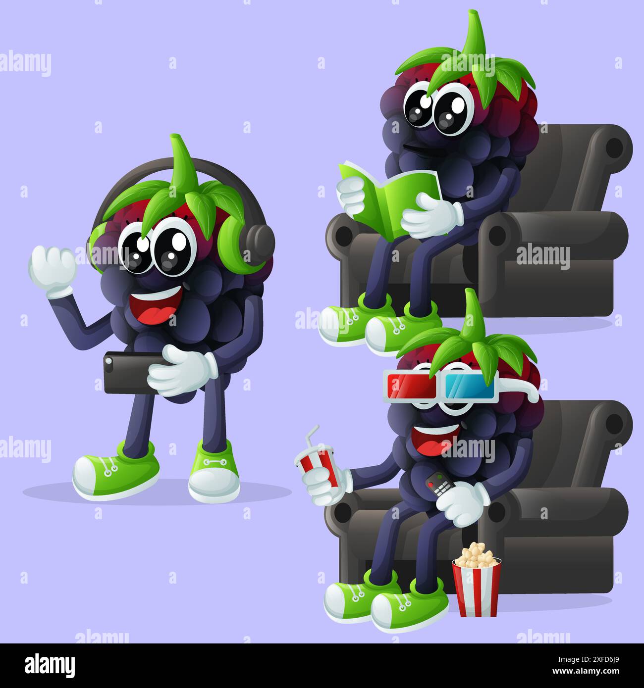 Ensemble de personnages mignons blackberry jouissant d'activités de loisirs. Parfait pour les enfants, la marchandise et l'autocollant, la promotion de bannière ou le blog Illustration de Vecteur