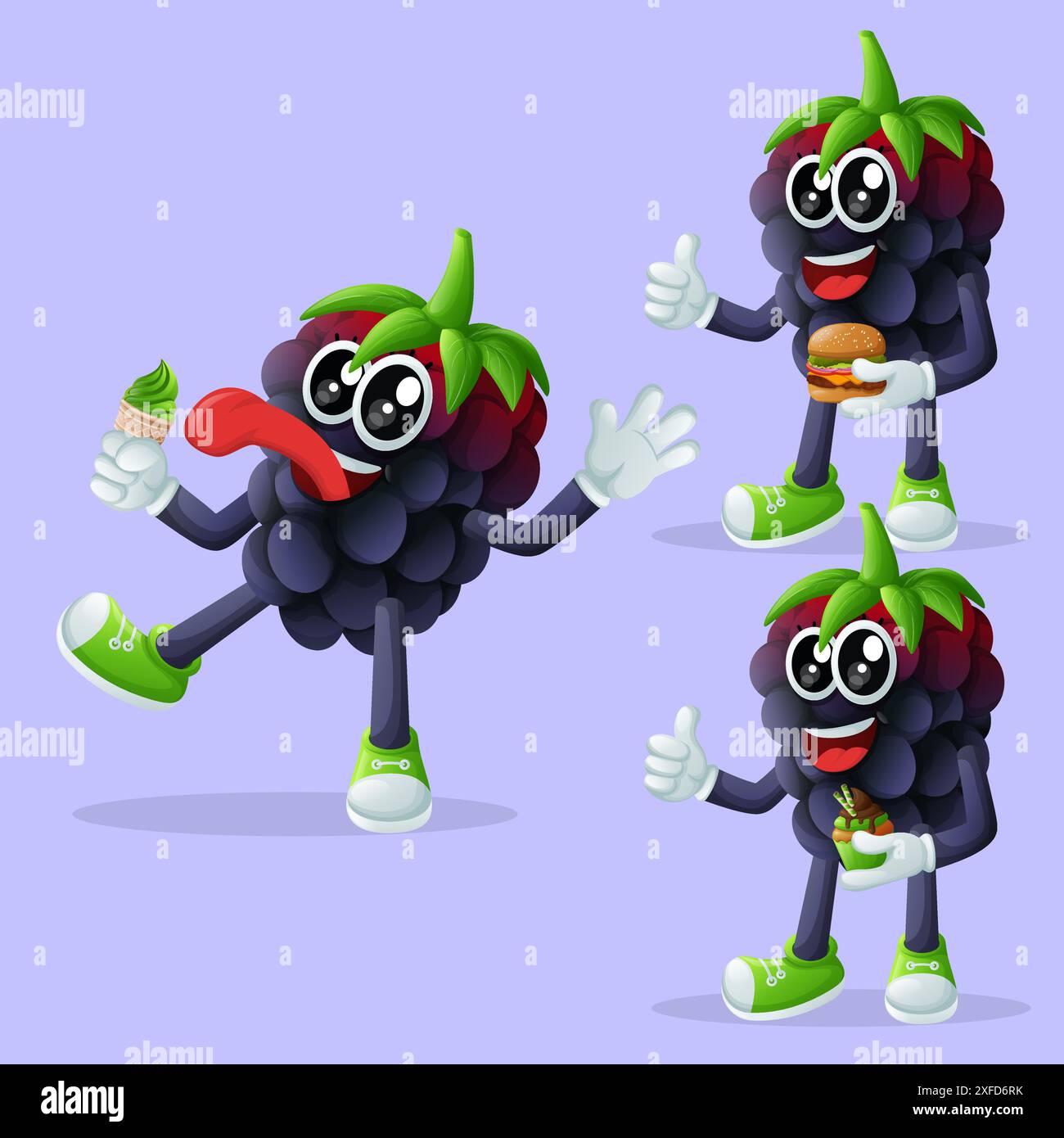 Ensemble de personnages mignons de blackberry appréciant la nourriture. Parfait pour les enfants, la marchandise et l'autocollant, la promotion de bannière ou le blog Illustration de Vecteur