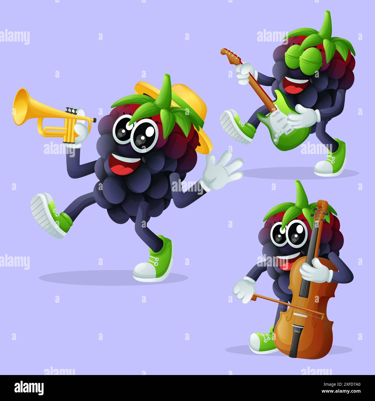 Ensemble de personnages mignons blackberry jouant des instruments de musique. Parfait pour les enfants, la marchandise et l'autocollant Illustration de Vecteur